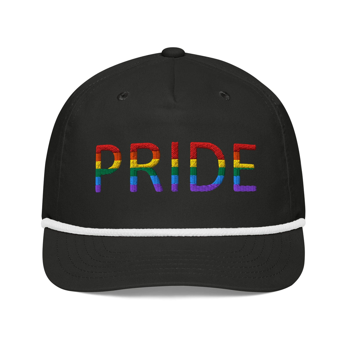 Embroidered golf cap in black with red-to-rainbow PRIDE lettering and white rope band