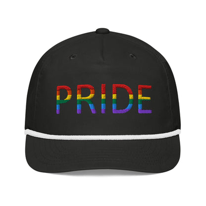 Embroidered golf cap in black with red-to-rainbow PRIDE lettering and white rope band