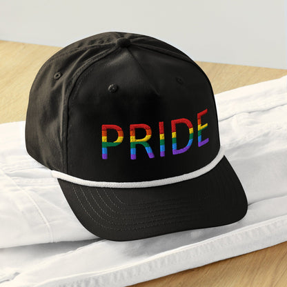 Black baseball cap with embroidered PRIDE logo and white contrast brim