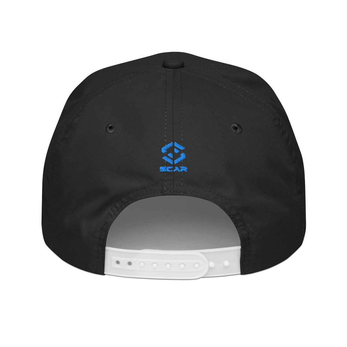 Embroidered golf cap in black with small blue logo patch and vented back