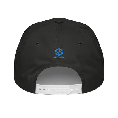 Embroidered golf cap in black with small blue logo patch and vented back