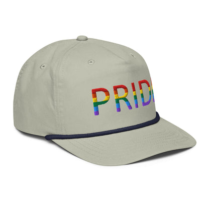 Embroidered golf cap, light gray with dark trim and rainbow PRID lettering on front
