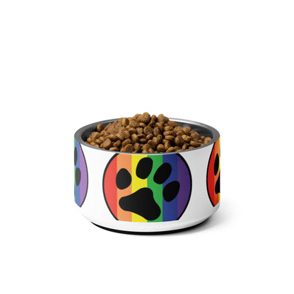 Rainbow paw print pet bowl with dark rim, filled with brown kibble