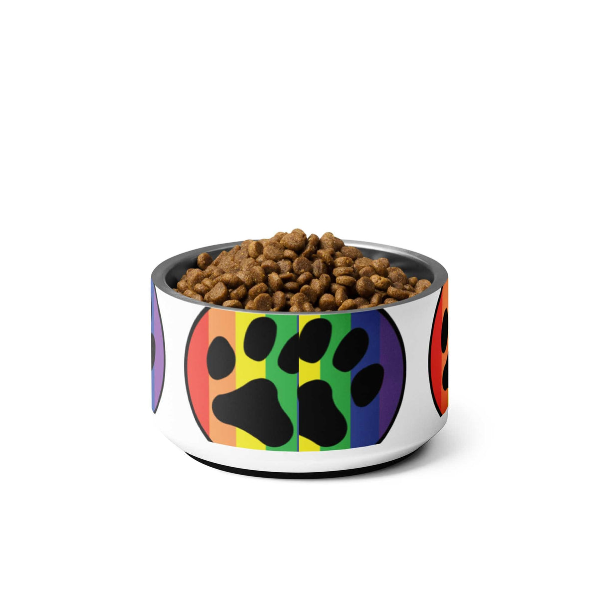 Rainbow paw print pet bowl filled with brown kibble, angled view