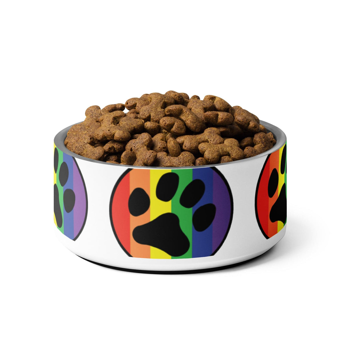 Rainbow paw print pet bowl filled with brown kibble, close top view