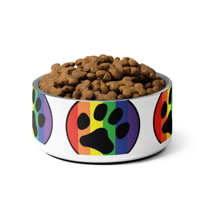 Rainbow paw print pet bowl filled with brown kibble, close top view
