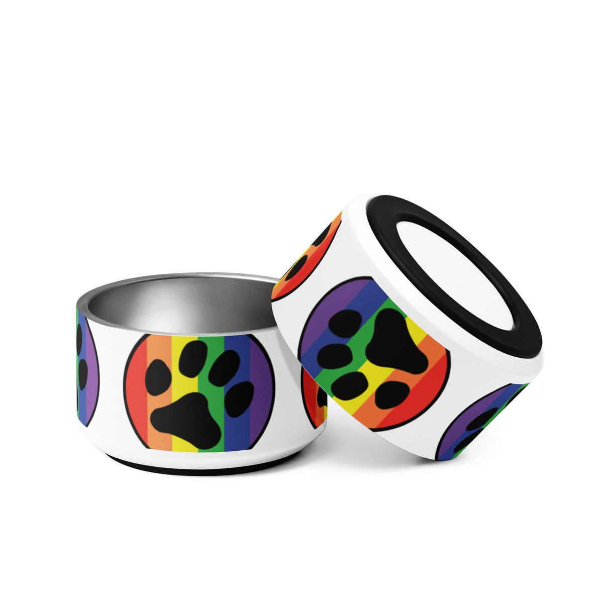 Rainbow paw print pet bowl with matching lidded top, silver interior