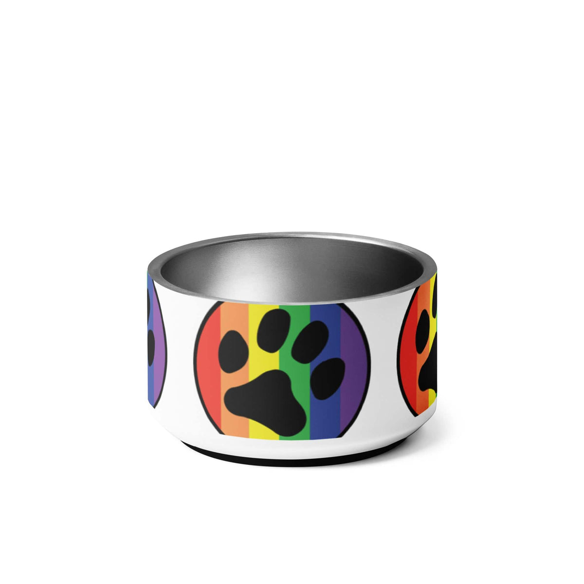 Pet bowl with rainbow paw print and metal rim, Pride design