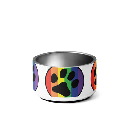 Pet bowl with centered rainbow paw graphic and metal rim, Pride style
