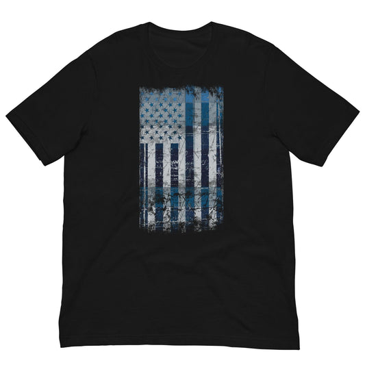 Black T-shirt with distressed American flag rectangle graphic on the front