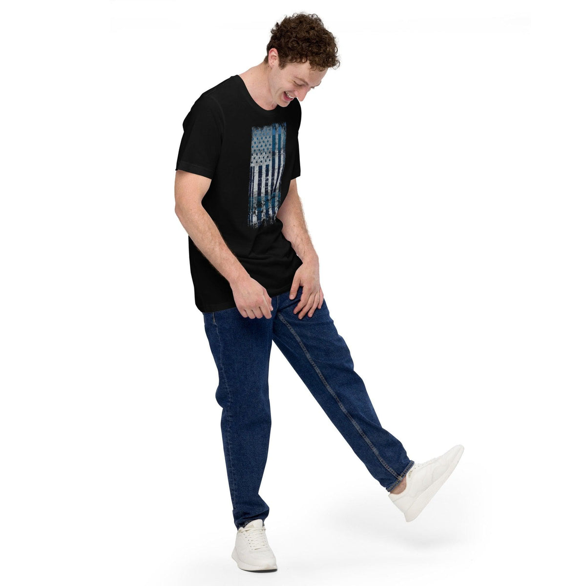 Black T-shirt with distressed American flag rectangle graphic on the front