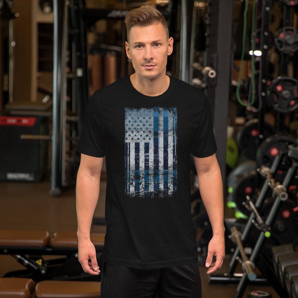 Black T-shirt with distressed American flag rectangle graphic on the front