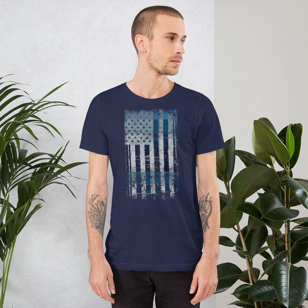 Navy T-shirt with distressed American flag rectangle graphic on the front