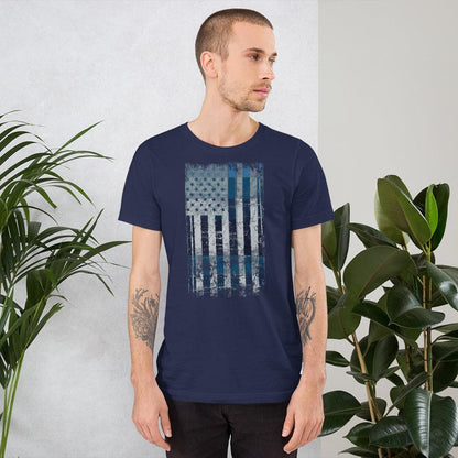 Navy T-shirt with distressed American flag rectangle graphic on the front