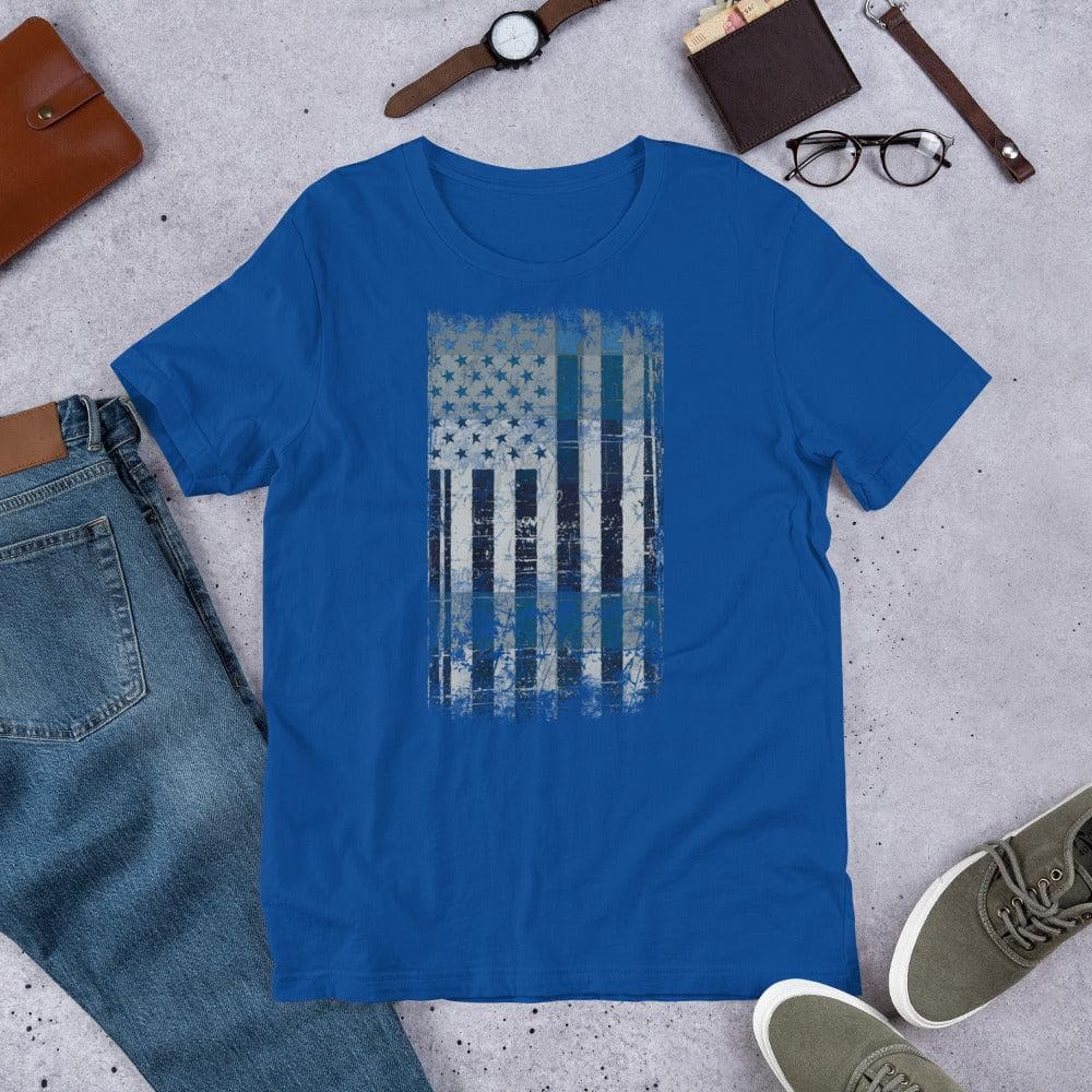 Blue T-shirt with distressed American flag rectangle graphic on the front, flat lay