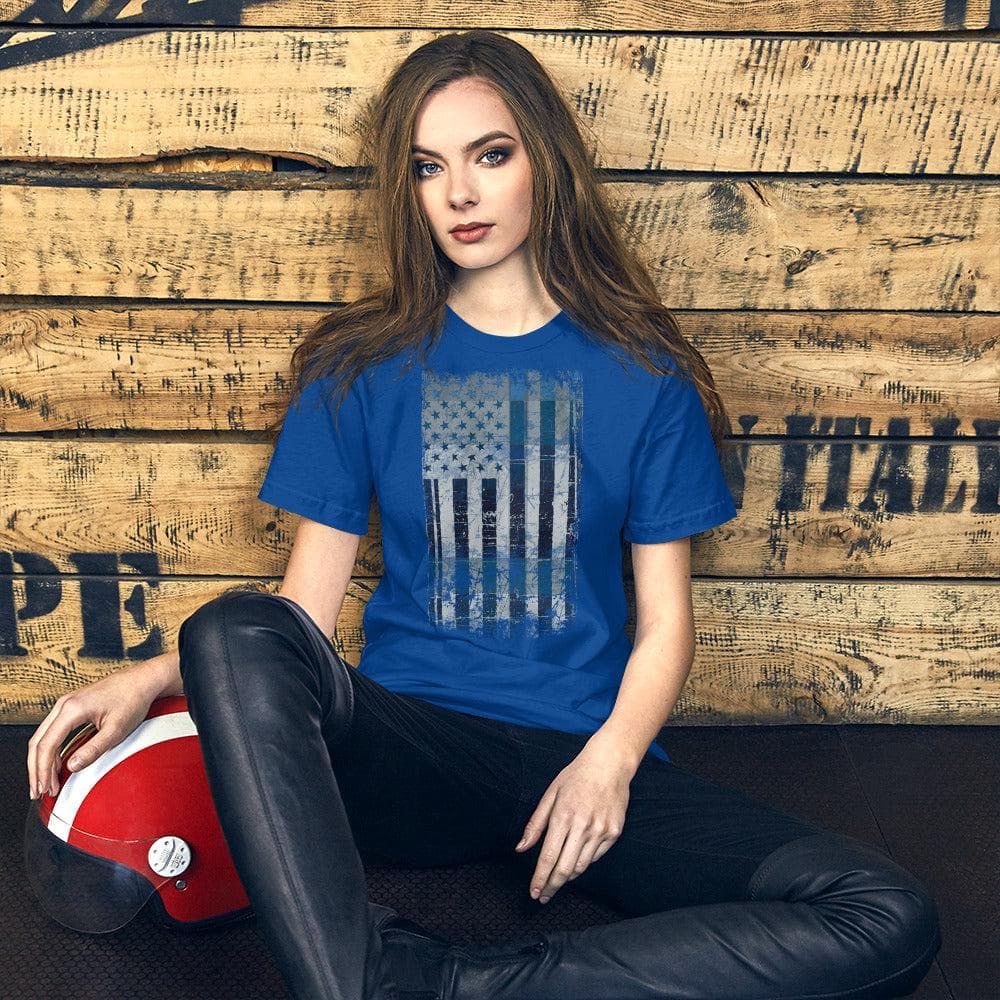 Blue T-shirt with distressed American flag rectangle graphic on the front