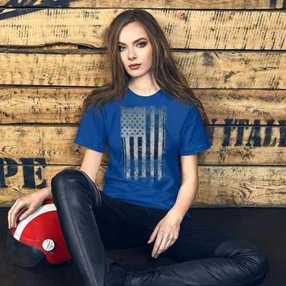 Blue T-shirt with distressed American flag rectangle graphic on the front