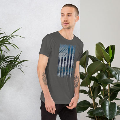 Dark gray T-shirt with distressed American flag rectangle graphic on the front