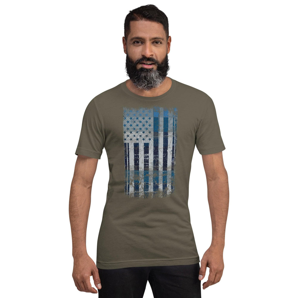 Olive green T-shirt with distressed American flag rectangle graphic on the front
