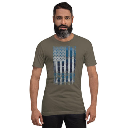 Olive green T-shirt with distressed American flag rectangle graphic on the front