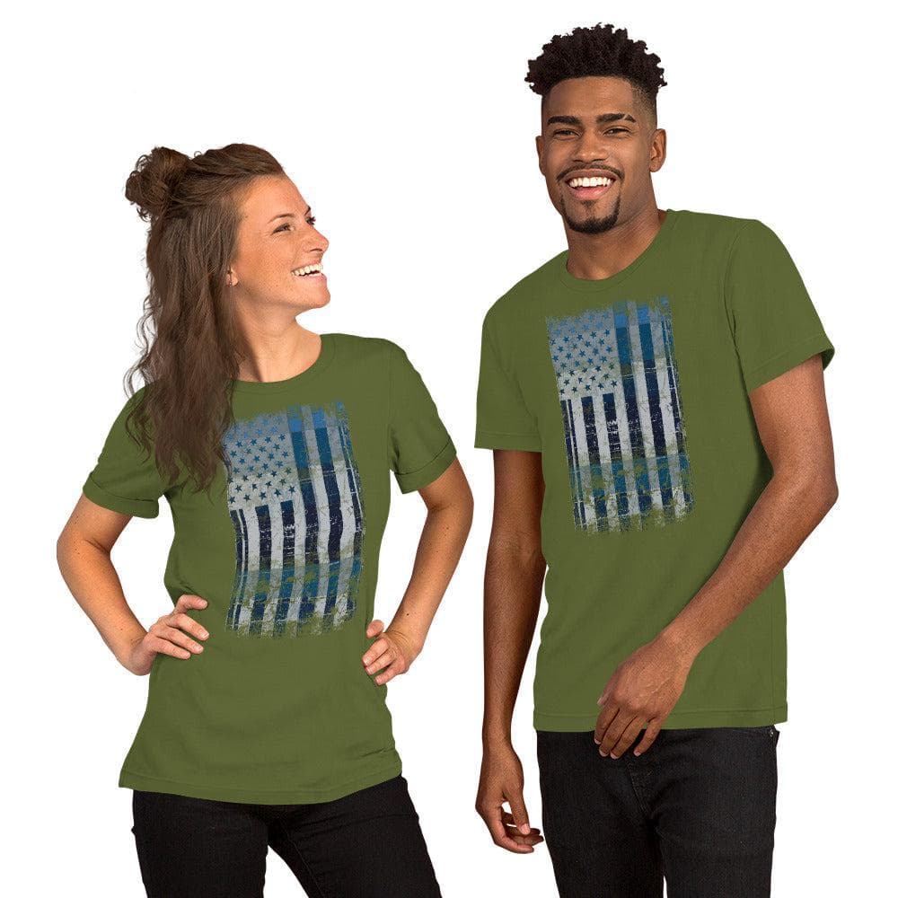 Green T-shirt with distressed American flag rectangle graphic on the front