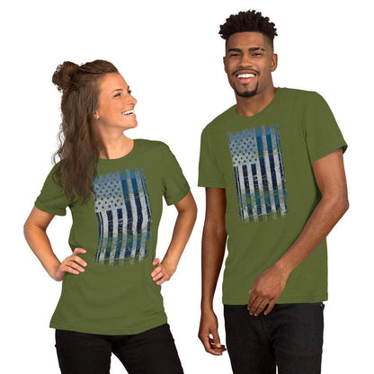 Green T-shirt with distressed American flag rectangle graphic on the front