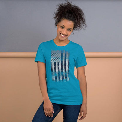 Turquoise T-shirt with distressed American flag rectangle graphic on the front