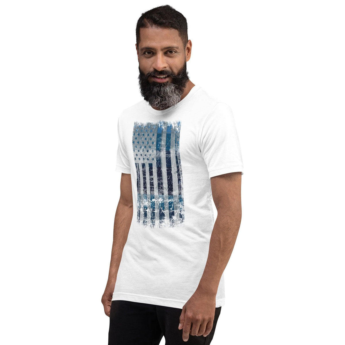 Men's graphic T-shirt, white with distressed blue flag print on chest