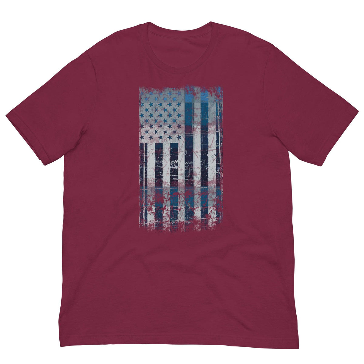 Men's graphic T-shirt, maroon with distressed blue flag print on chest