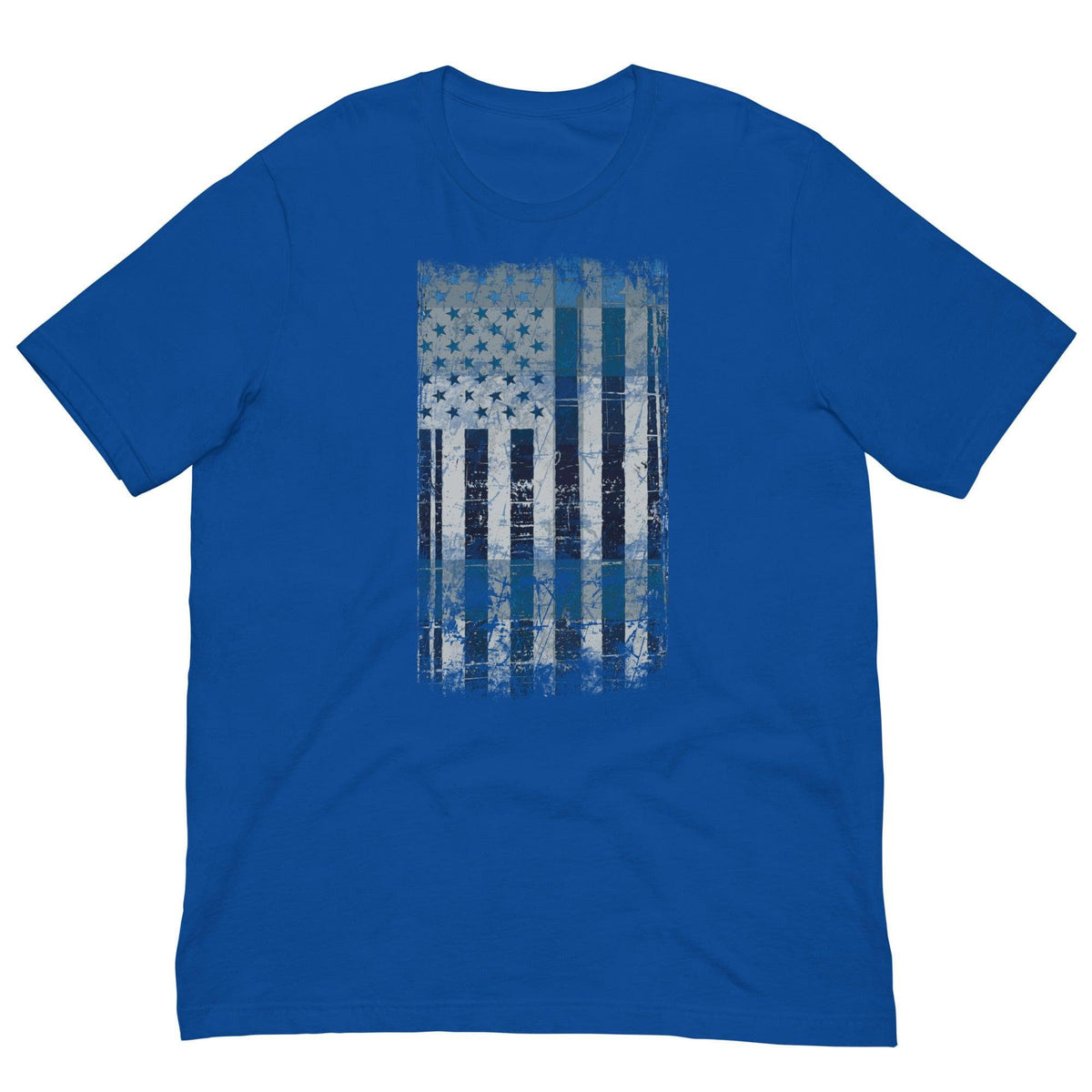 Men's graphic T-shirt, true royal blue with distressed blue flag print on chest