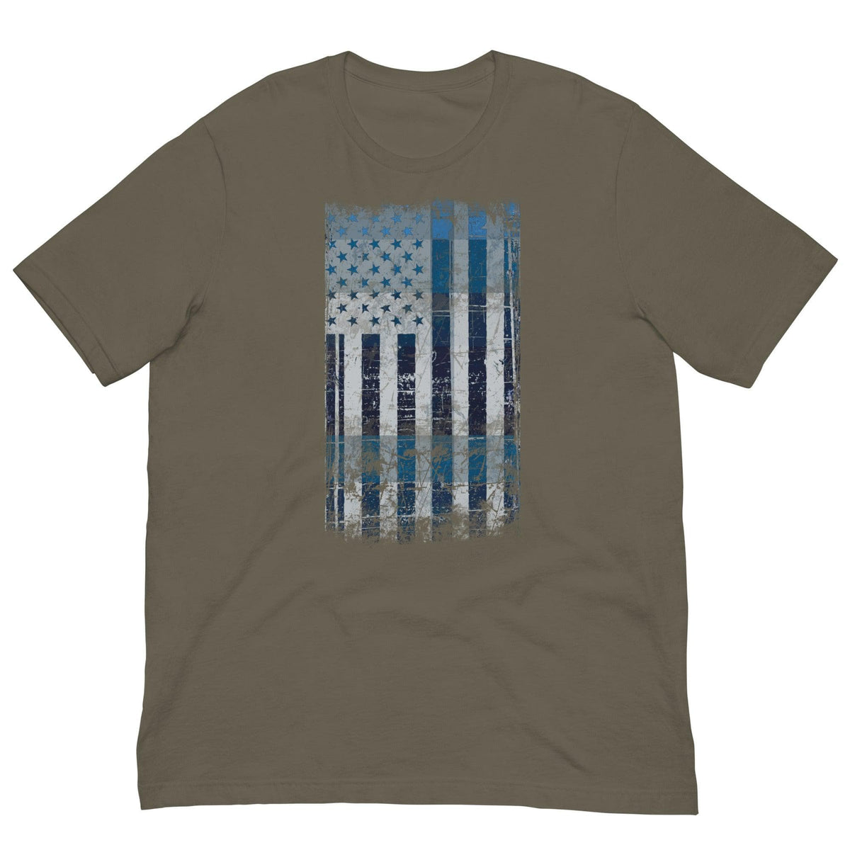 Men's graphic T-shirt, army green with distressed blue flag print on chest