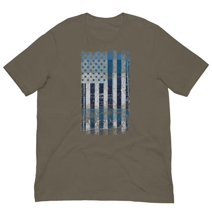 Men's graphic T-shirt, army green with distressed blue flag print on chest