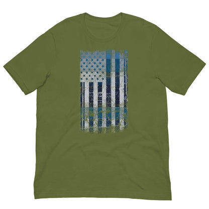 Men's graphic T-shirt, olive green with distressed blue flag print on chest