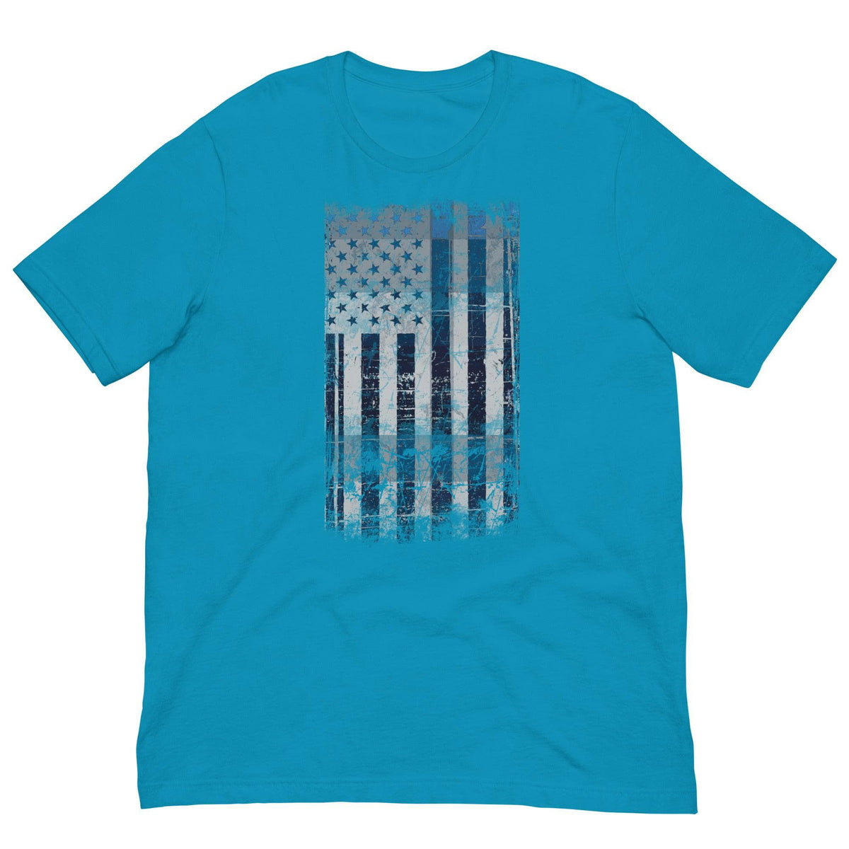 Men's graphic T-shirt, aqua blue with distressed blue flag print on chest