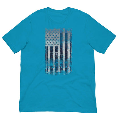 Men's graphic T-shirt, aqua blue with distressed blue flag print on chest
