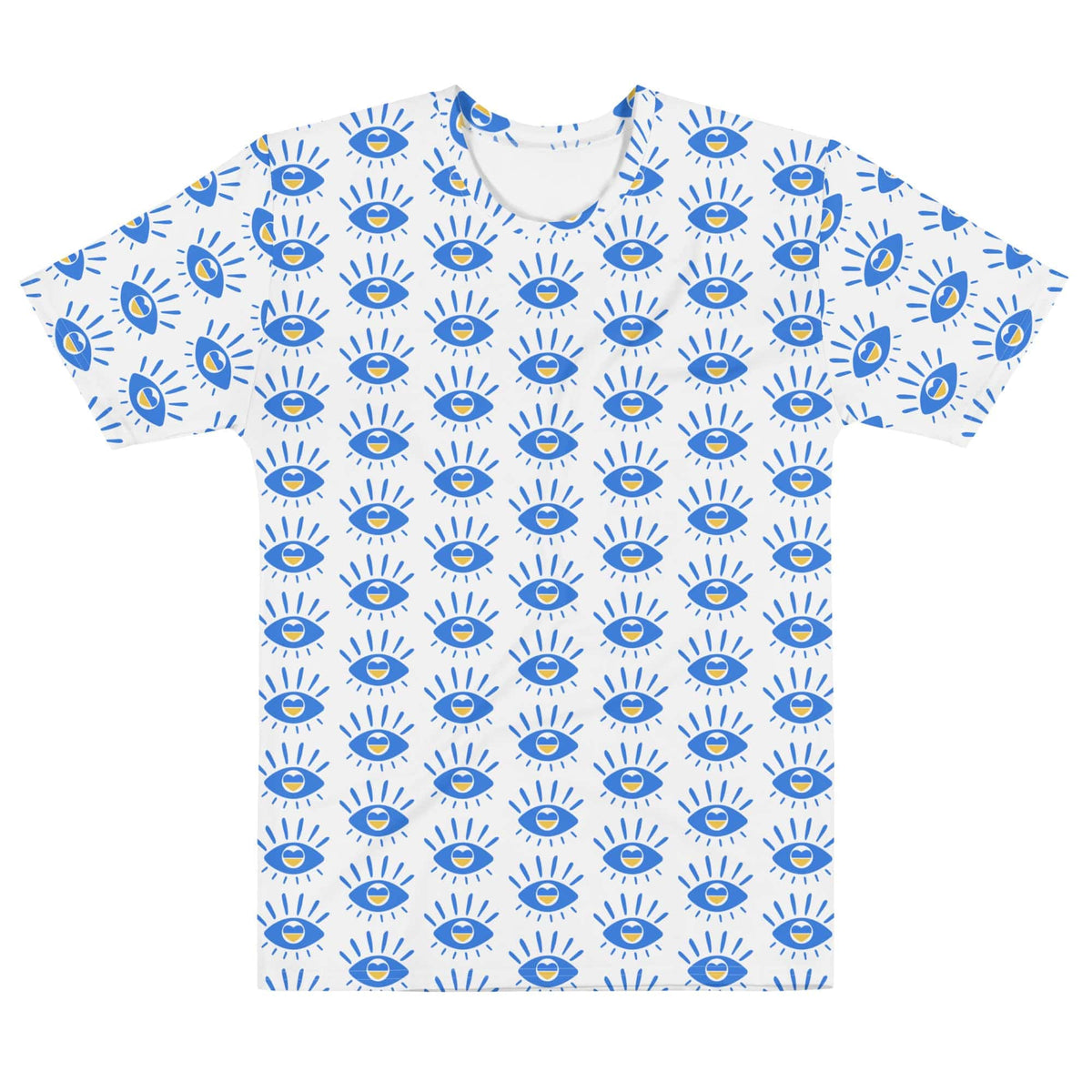Men's t-shirt with white base and blue eye pattern, crew neck, short sleeves