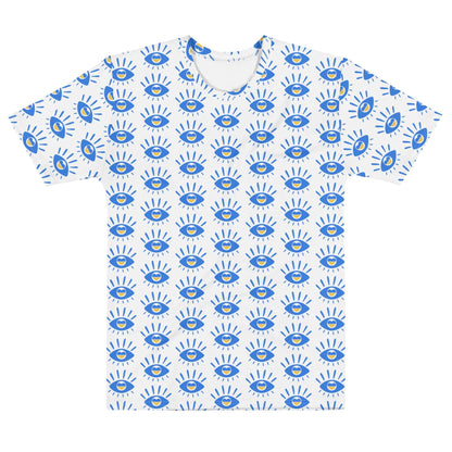 Men's t-shirt with white base and blue eye pattern, crew neck, short sleeves