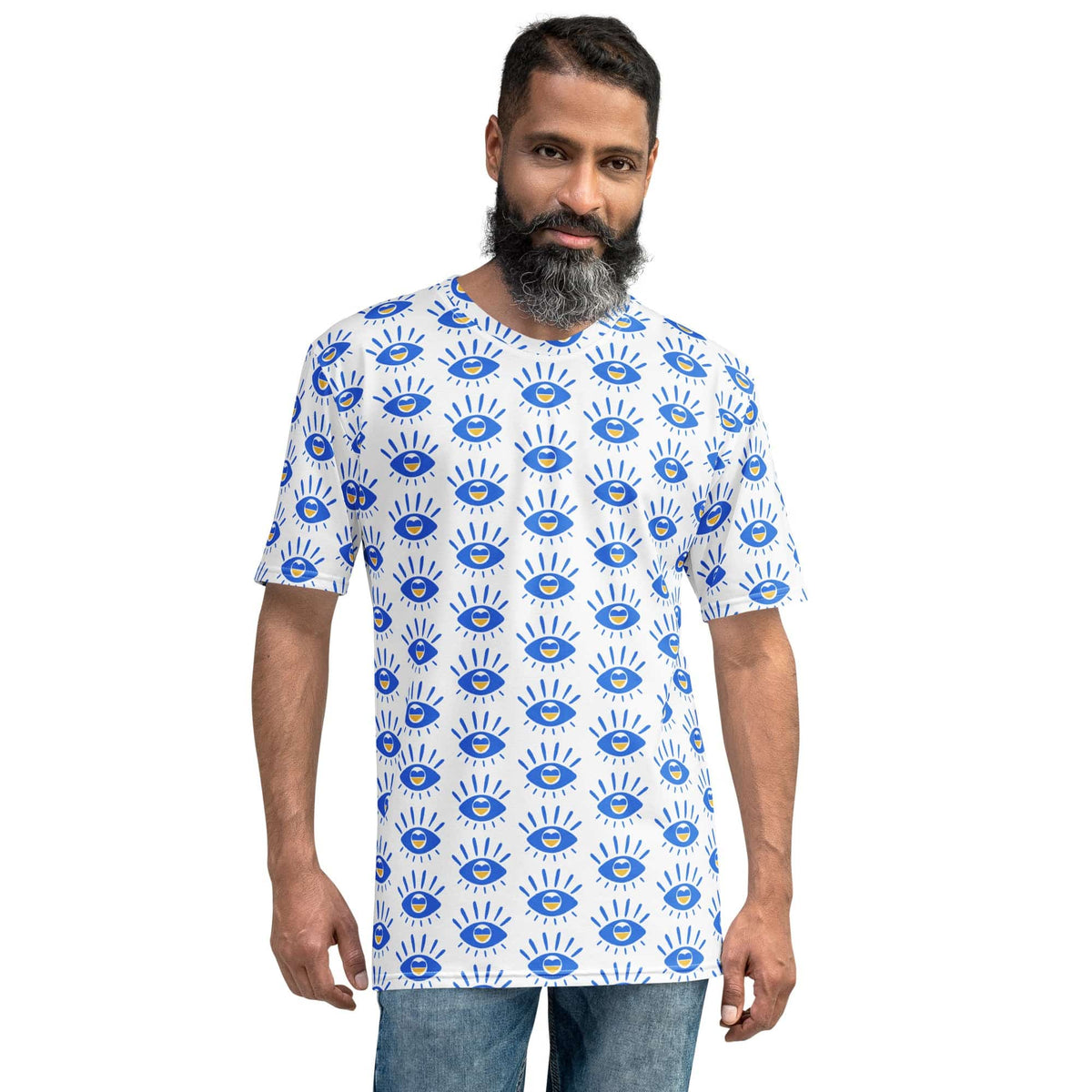 Men's t-shirt with white and blue eye pattern, crew neck, short sleeves (model front view)