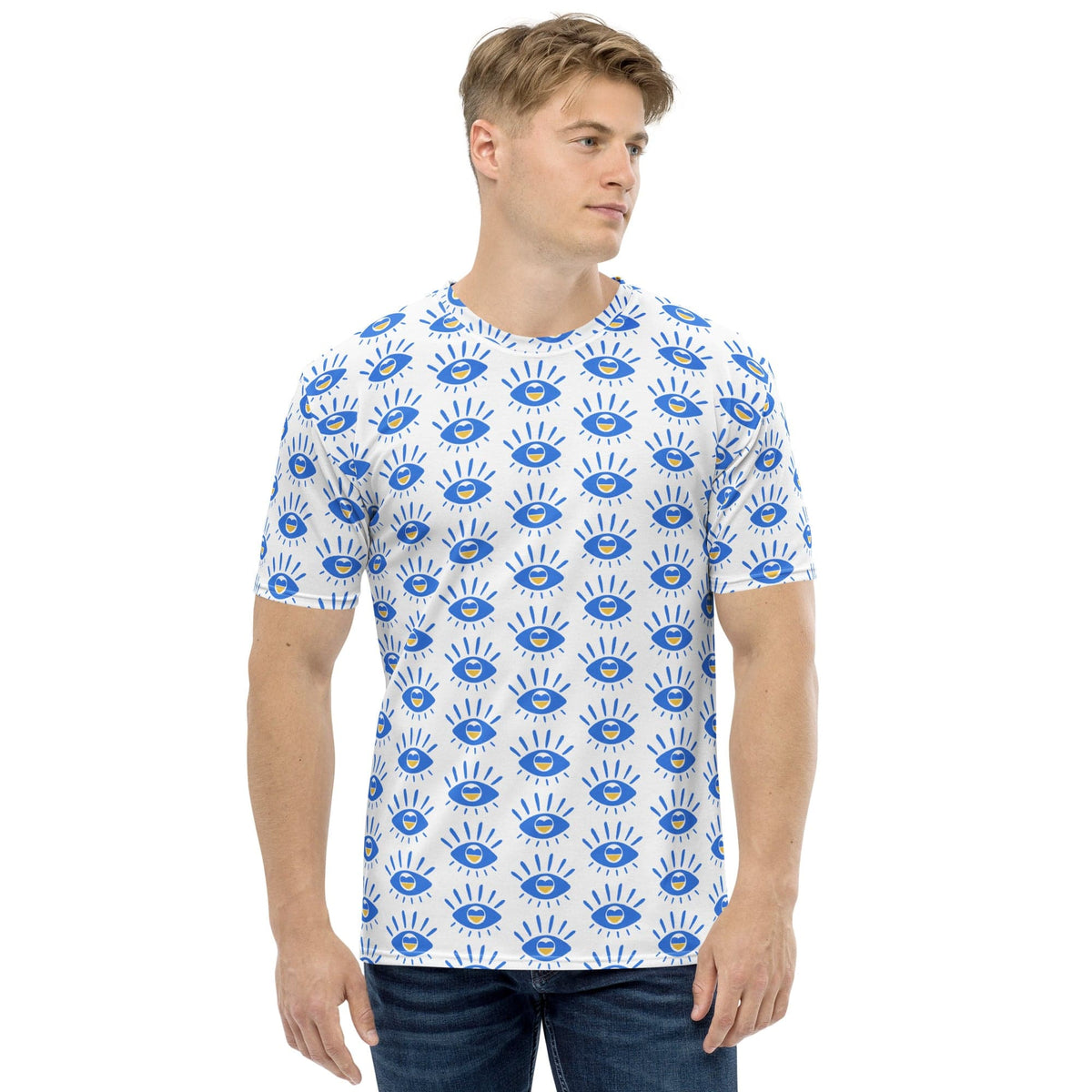 Men's t-shirt with white base and blue eye pattern, crew neck, short sleeves (model angle)