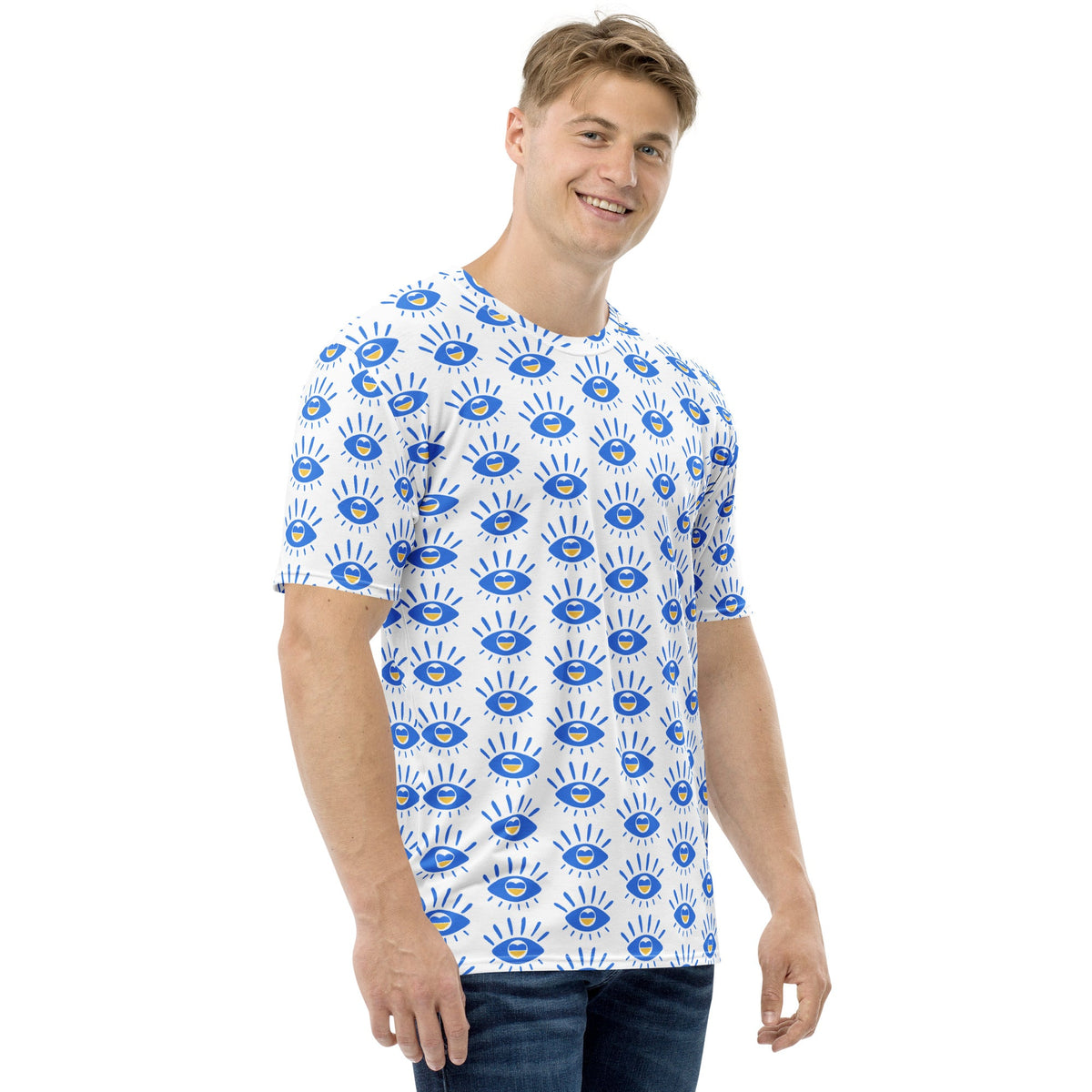 Men's t-shirt with blue eye pattern on white, crew neck, short sleeves (model side view)