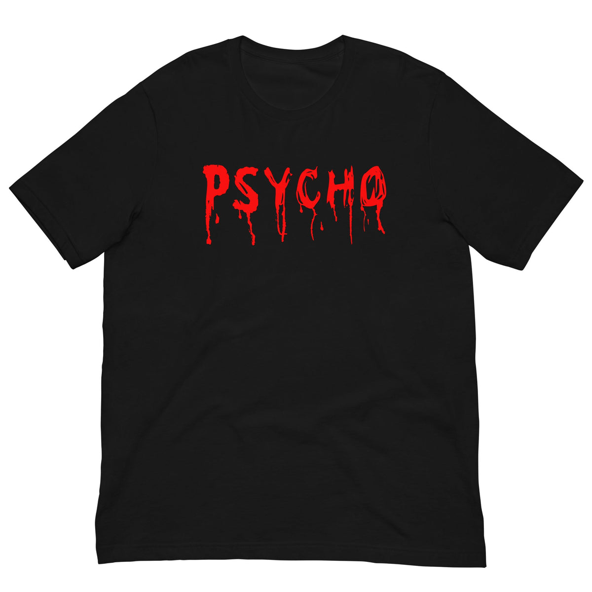 Black crewneck T-shirt with red dripping "PSYCHO" graphic on the chest