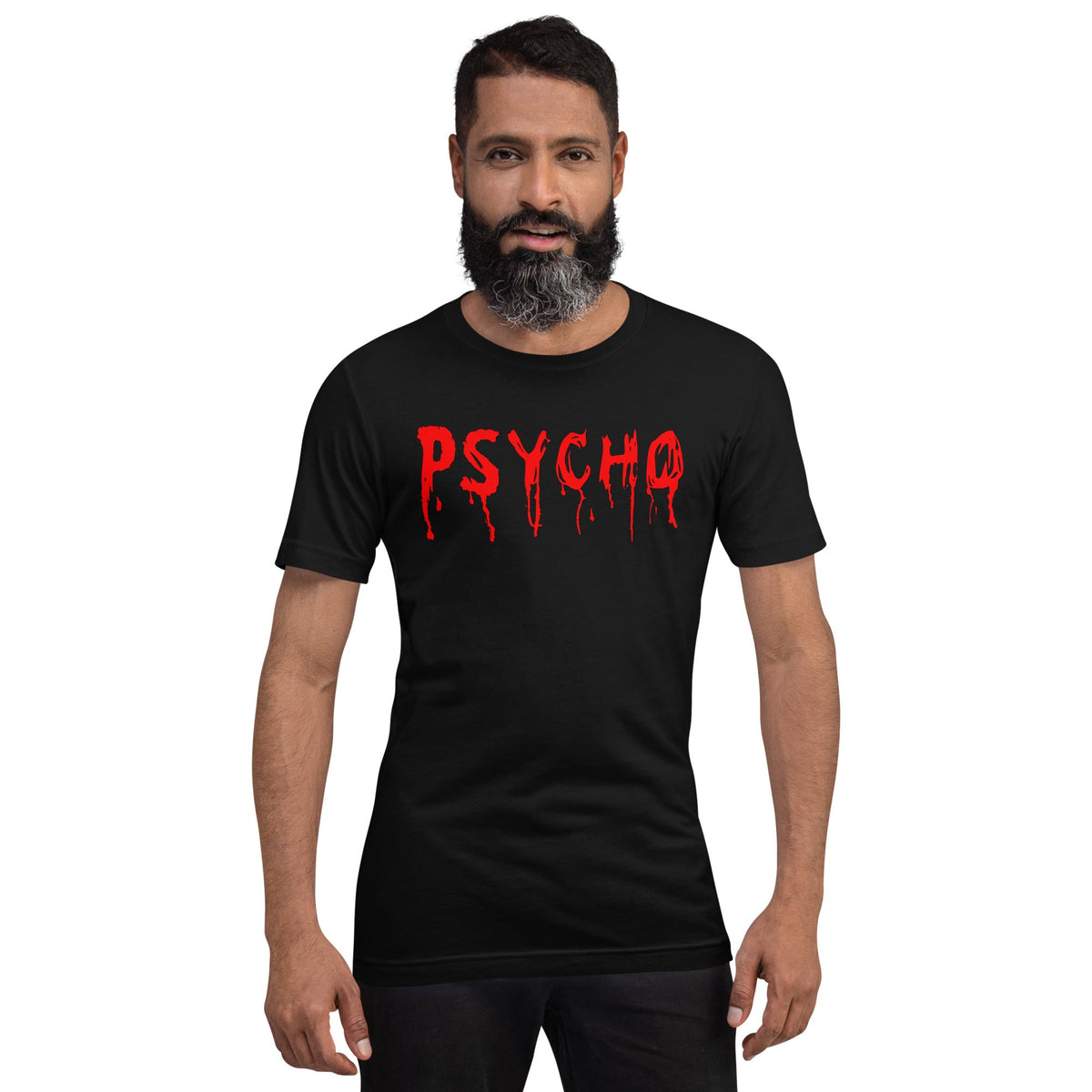 Black crewneck T-shirt with red dripping "PSYCHO" graphic on the chest