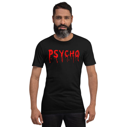 Black crewneck T-shirt with red dripping "PSYCHO" graphic on the chest