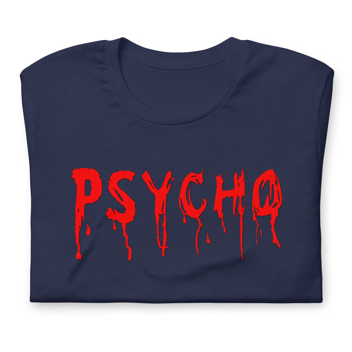 Navy crewneck T-shirt with red dripping "PSYCHO" graphic on the front