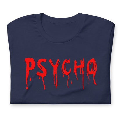 Navy crewneck T-shirt with red dripping "PSYCHO" graphic on the front
