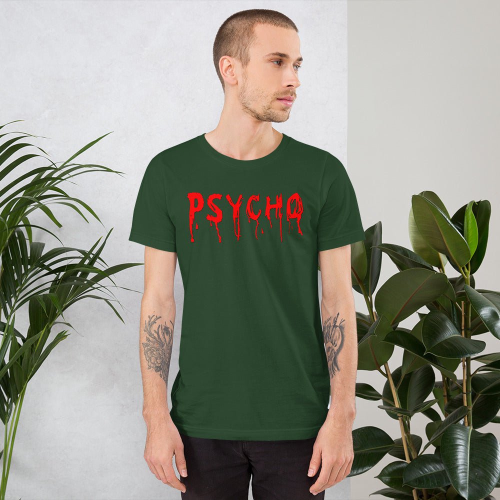 Green crewneck T-shirt with red dripping "PSYCHO" graphic on the chest