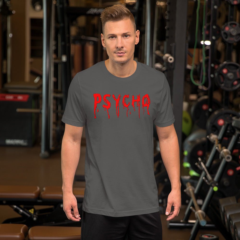 Dark gray crewneck T-shirt with red dripping "PSYCHO" graphic on the chest