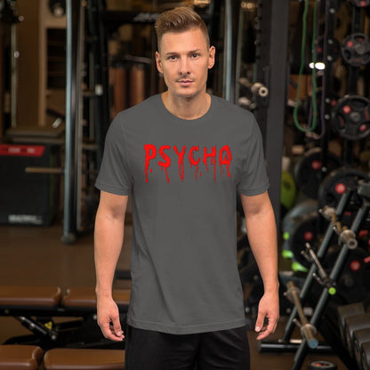 Dark gray crewneck T-shirt with red dripping "PSYCHO" graphic on the chest