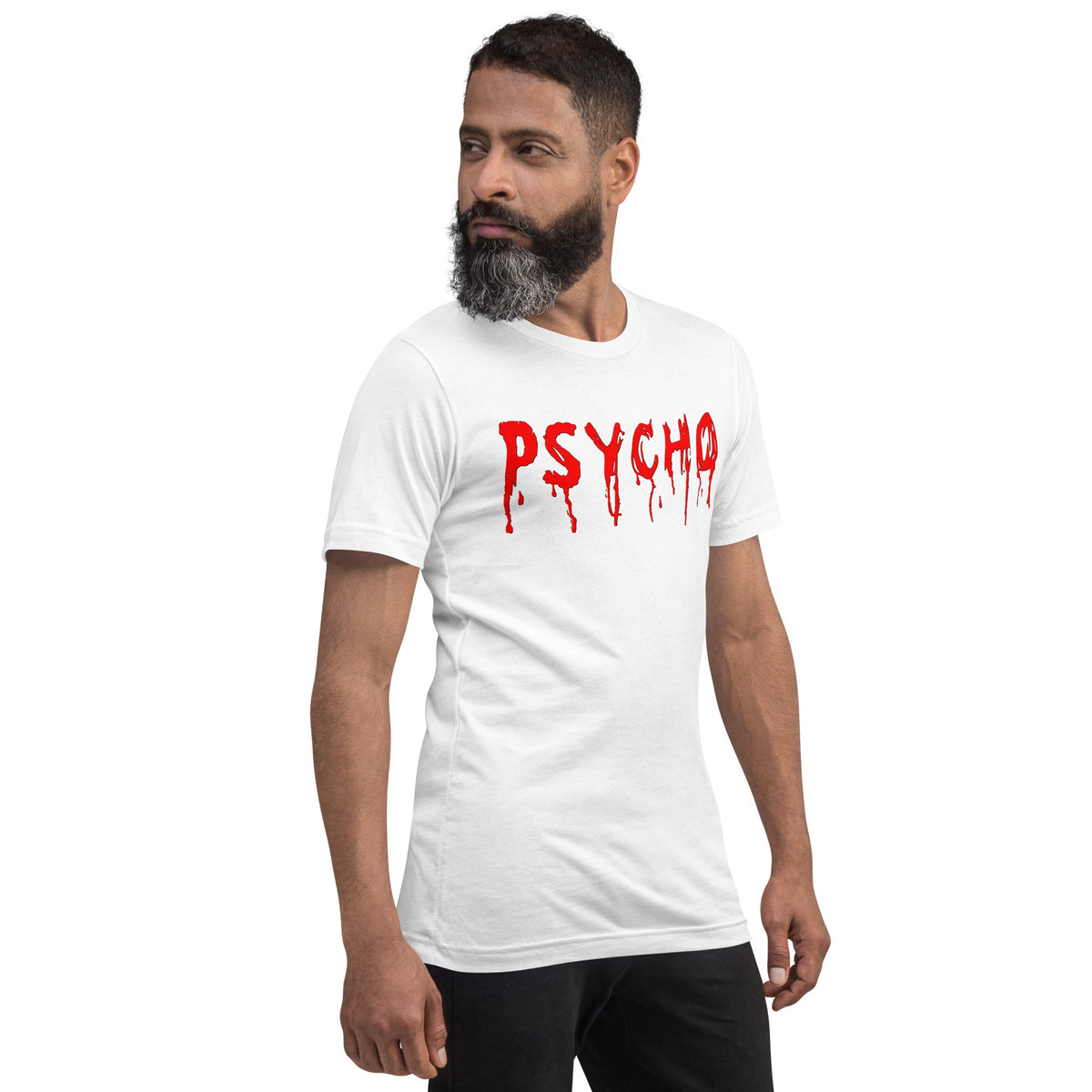 White crewneck T-shirt with red dripping "PSYCHO" graphic on the chest