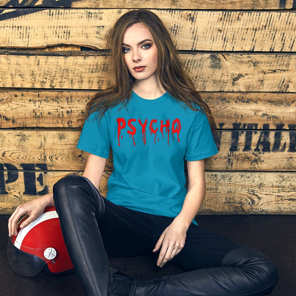 Blue crewneck T-shirt with red dripping "PSYCHO" graphic on the chest